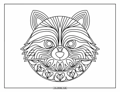 Animal Mandala Coloring Page for Kids: Raccoon face filled with flower and stripe mandalas, fun for kids