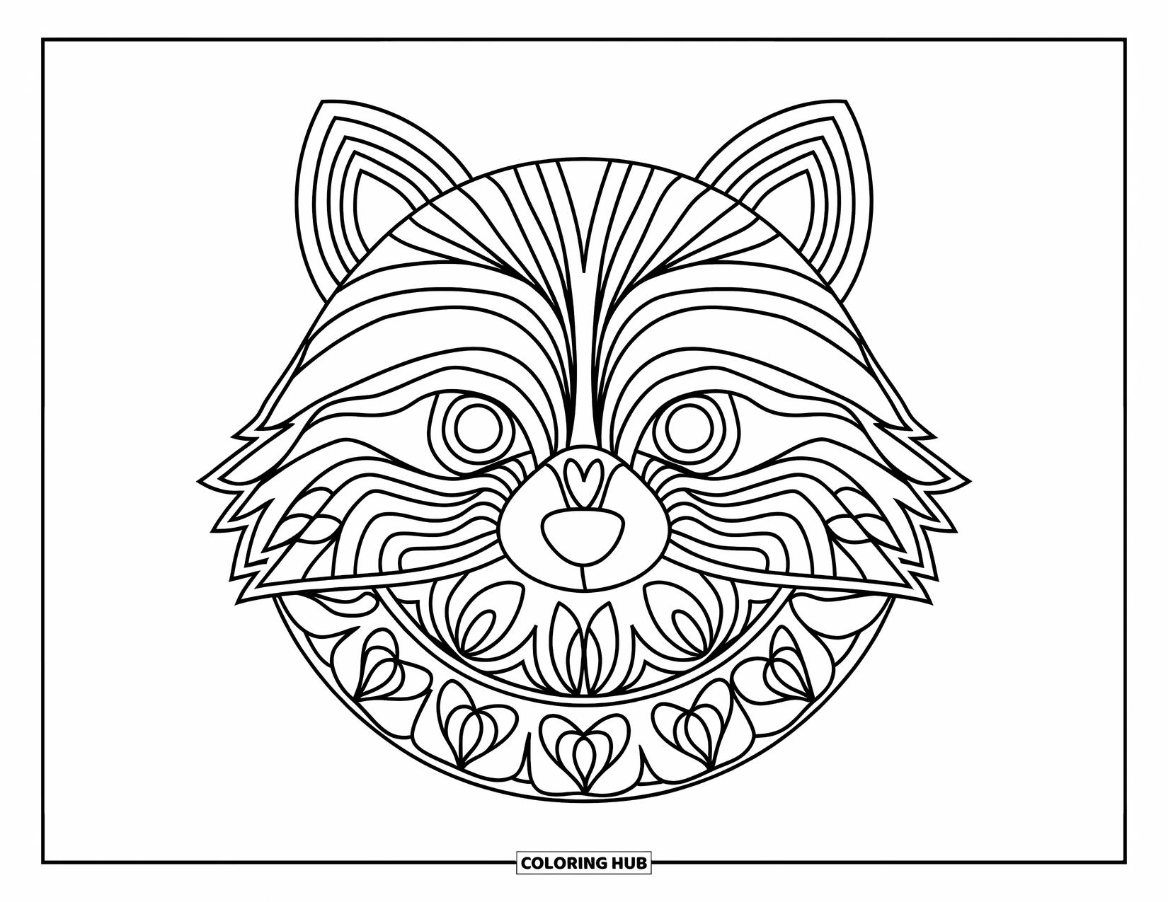 Animal Mandala Coloring Page for Kids: Raccoon face filled with flower and stripe mandalas, fun for kids