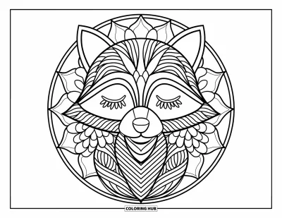 Animal Mandala Coloring Page for Kids: Raccoon wearing a bandana surrounded by a circular mandala frame