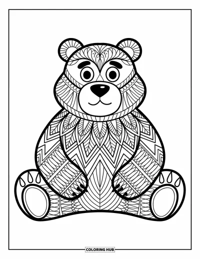 Animal Mandala Coloring Page for Kids: Relaxed bear with modern mandala shapes and bold crisp outlines