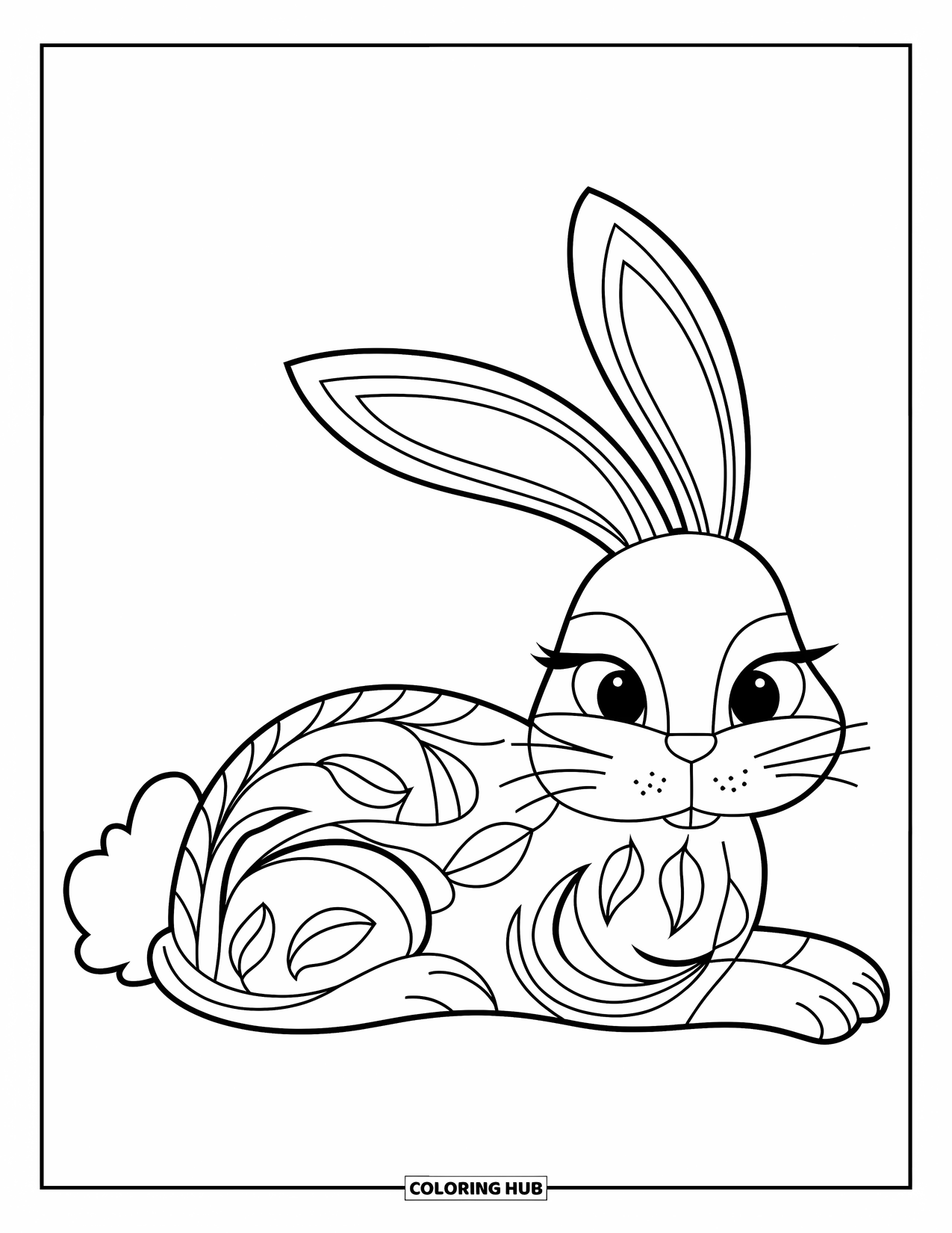 Animal Mandala Coloring Page for Kids: Relaxed bunny lying down with soft swirls and leaf-shaped mandalas
