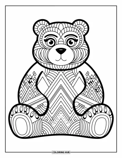 Animal Mandala Coloring Page for Kids: Seated bear with symmetrical mandala fur and expressive outline style