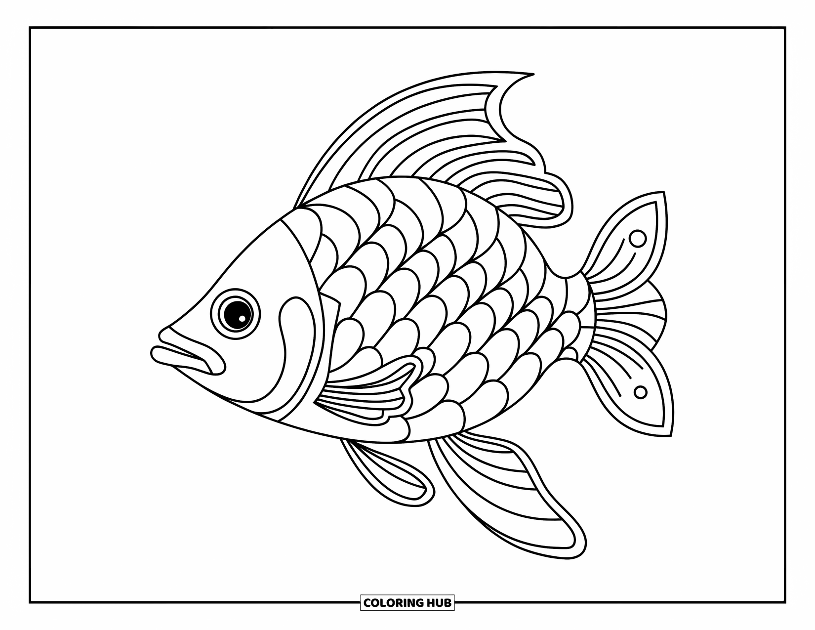 Animal Mandala Coloring Page for Kids: Sideways fish with mandala scales and elegant water-inspired details