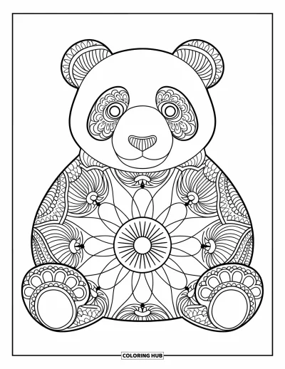 Animal Mandala Coloring Page for Kids: Sitting panda with bold petals and large easy-to-color shapes