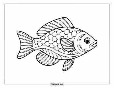 Animal Mandala Coloring Page for Kids: Sleek fish swimming sideways with wave-style mandala scales and flowing fins