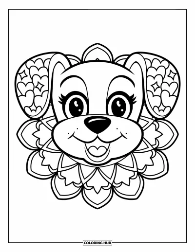 Animal Mandala Coloring Page for Kids: Smiling puppy with floppy mandala ears made from hearts and stars