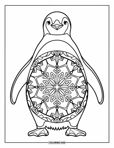 Animal Mandala Coloring Page for Kids: Snowflake-filled penguin with raised flippers and geometric mandala details