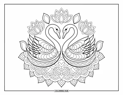 Animal Mandala Coloring Page for Kids: Swans surrounded by lotus and intertwined mandala patterns