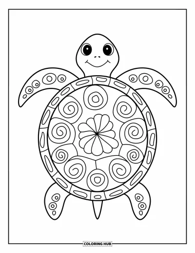 Animal Mandala Coloring Page for Kids: Turtle with a swirly mandala shell and cheerful round body