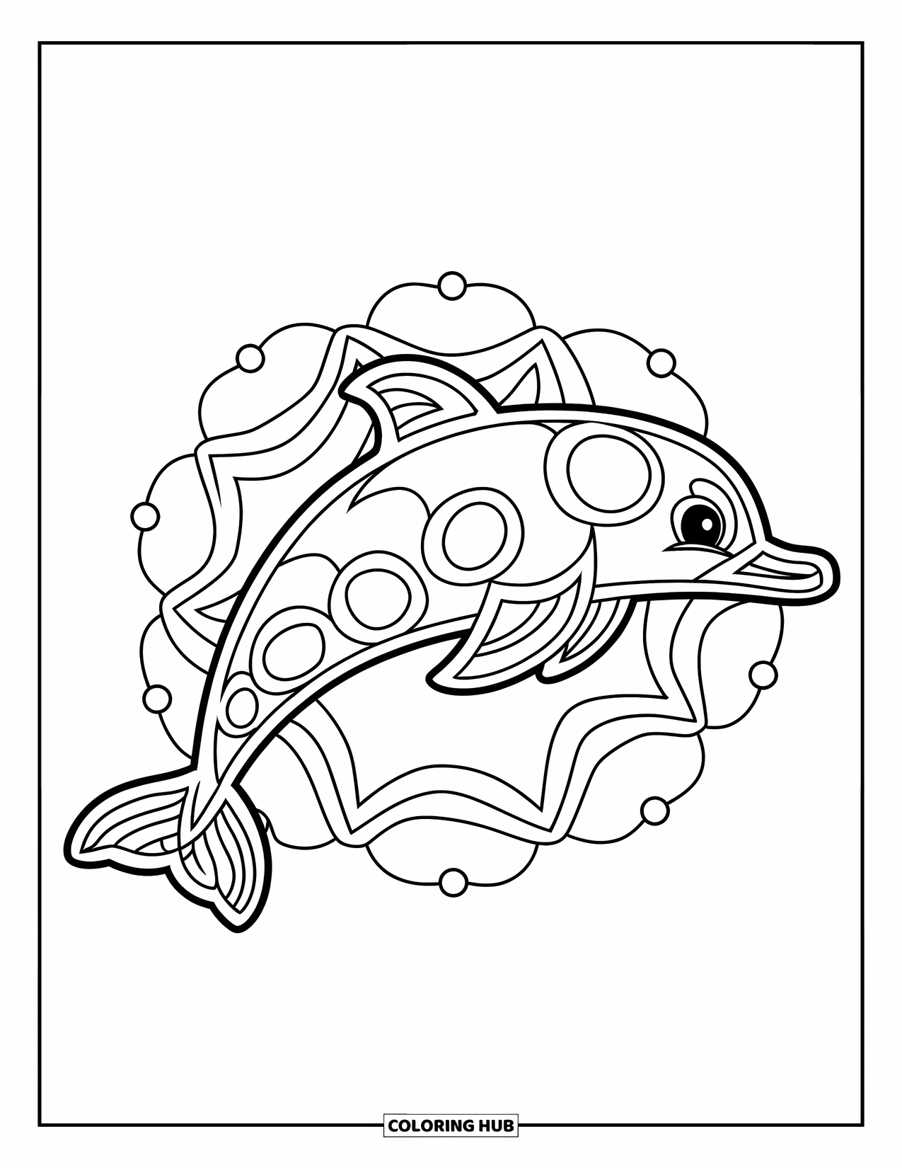 Animal Mandala Coloring Page for Kids: Wave-pattern dolphin mandala with bold shapes and simple charm