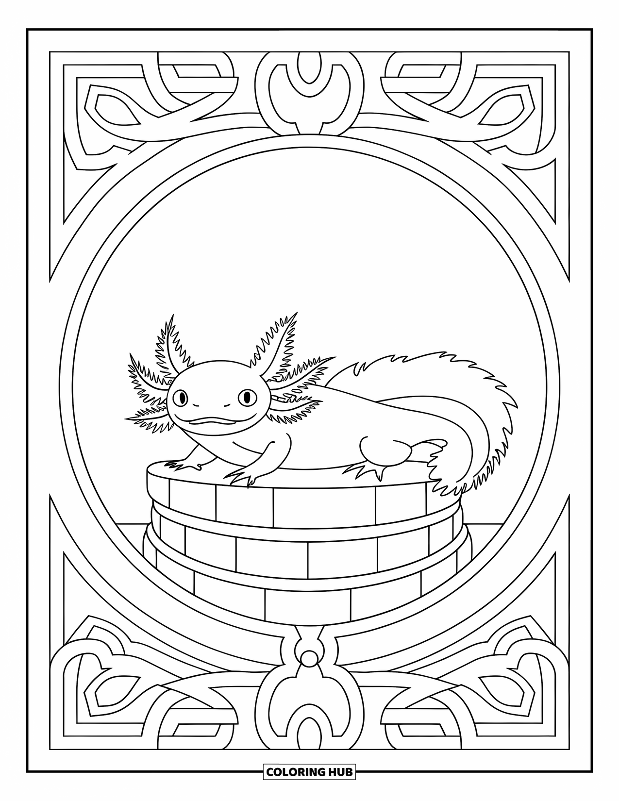 Dibujo de ajolote para colorear para adultos: Un ajolote tranquilo descansa sobre un altar circular con patrones ornamentados que lo rodean