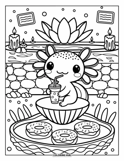 Coloriage d'axolotl pour adultes : Un axolotl joyeux est assis dans un café marin avec des encas, des bougies et une fontaine de lotus