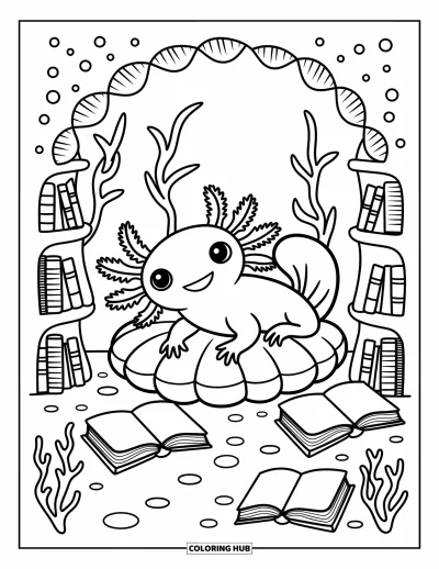 Coloriage d'axolotl pour adultes : Un axolotl douillet lit dans un coin marin avec des lampes-coquillages et des étagères de corail