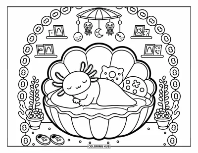 Coloriage d'axolotl pour adultes : Un axolotl douillet dort dans un lit-coquillage avec des coussins fleuris et des jouets sur le thème de la mer