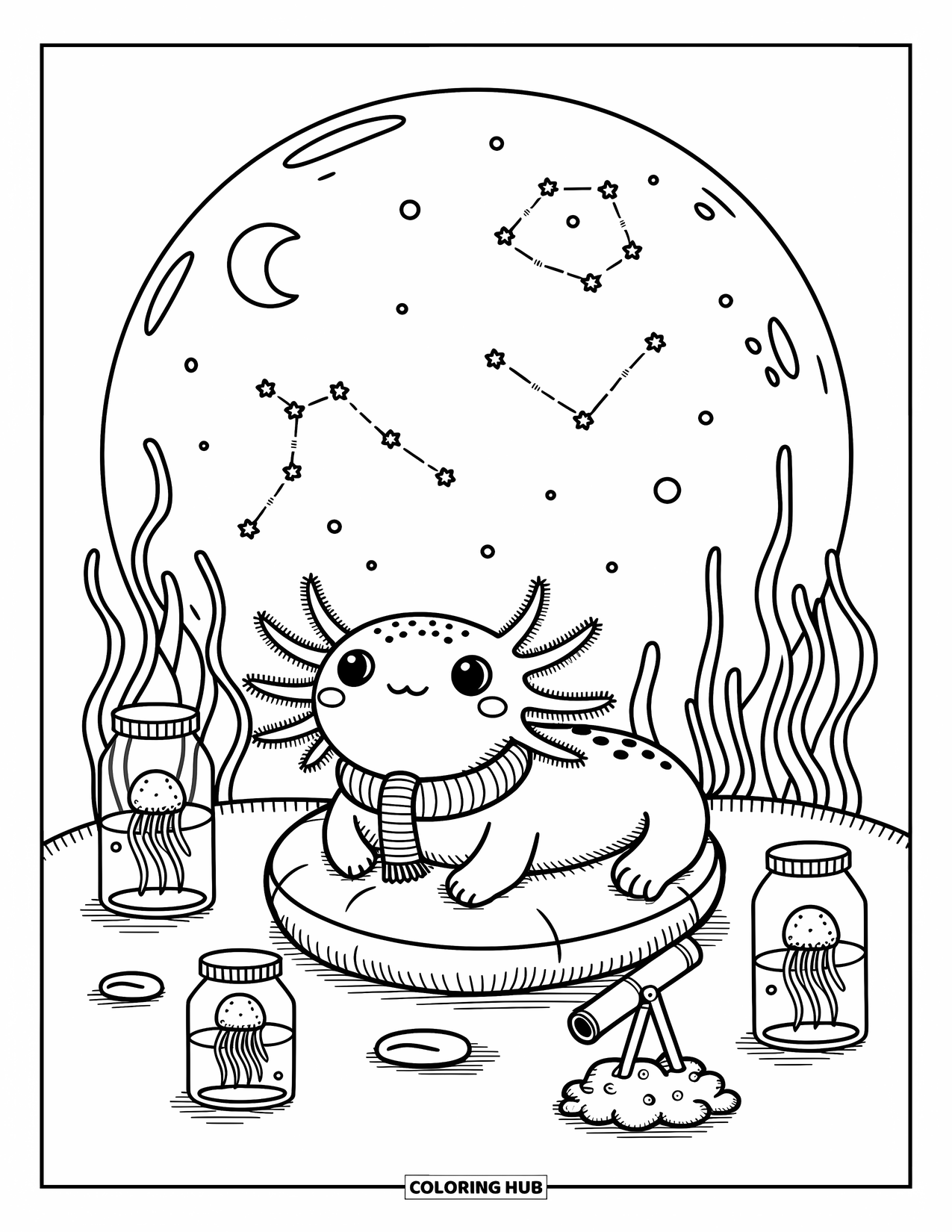 Dibujo de ajolote para colorear para adultos: Un acogedor ajolote con una bufanda observa las estrellas bajo el agua junto a frascos de medusas y un telescopio