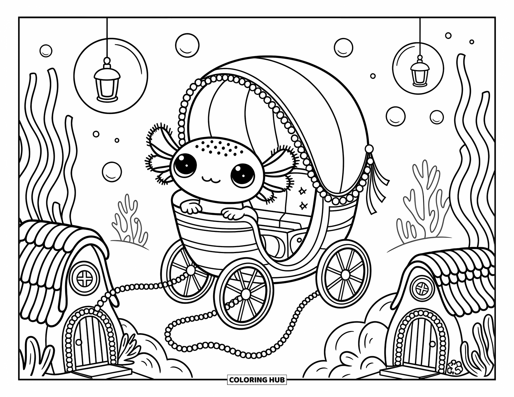 Dibujo de ajolote para colorear para adultos: Un lindo ajolote flota en un carruaje de medusas con burbujas de linterna y acogedoras casas submarinas