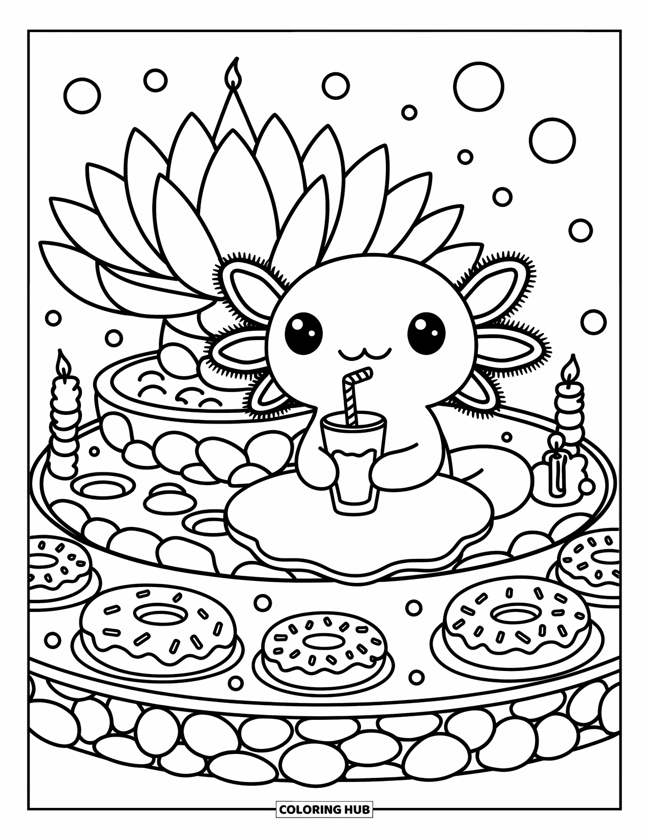 Dibujo de ajolote para colorear para adultos: Un lindo ajolote se relaja en un cafÉ marino con bocadillos de estrellas de mar y velas flotantes