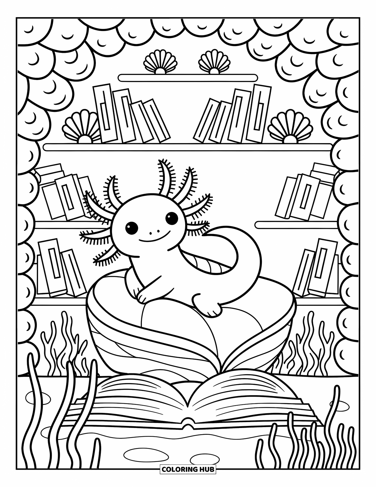 Dibujo de ajolote para colorear para adultos: Un lindo ajolote se relaja en un rincón de libros submarino rodeado de libros y conchas brillantes