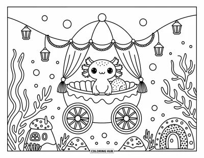 Coloriage d'axolotl pour adultes : Un axolotl rêveur voyage en calèche-méduse près de plantes marines accueillantes et de maisons de corail