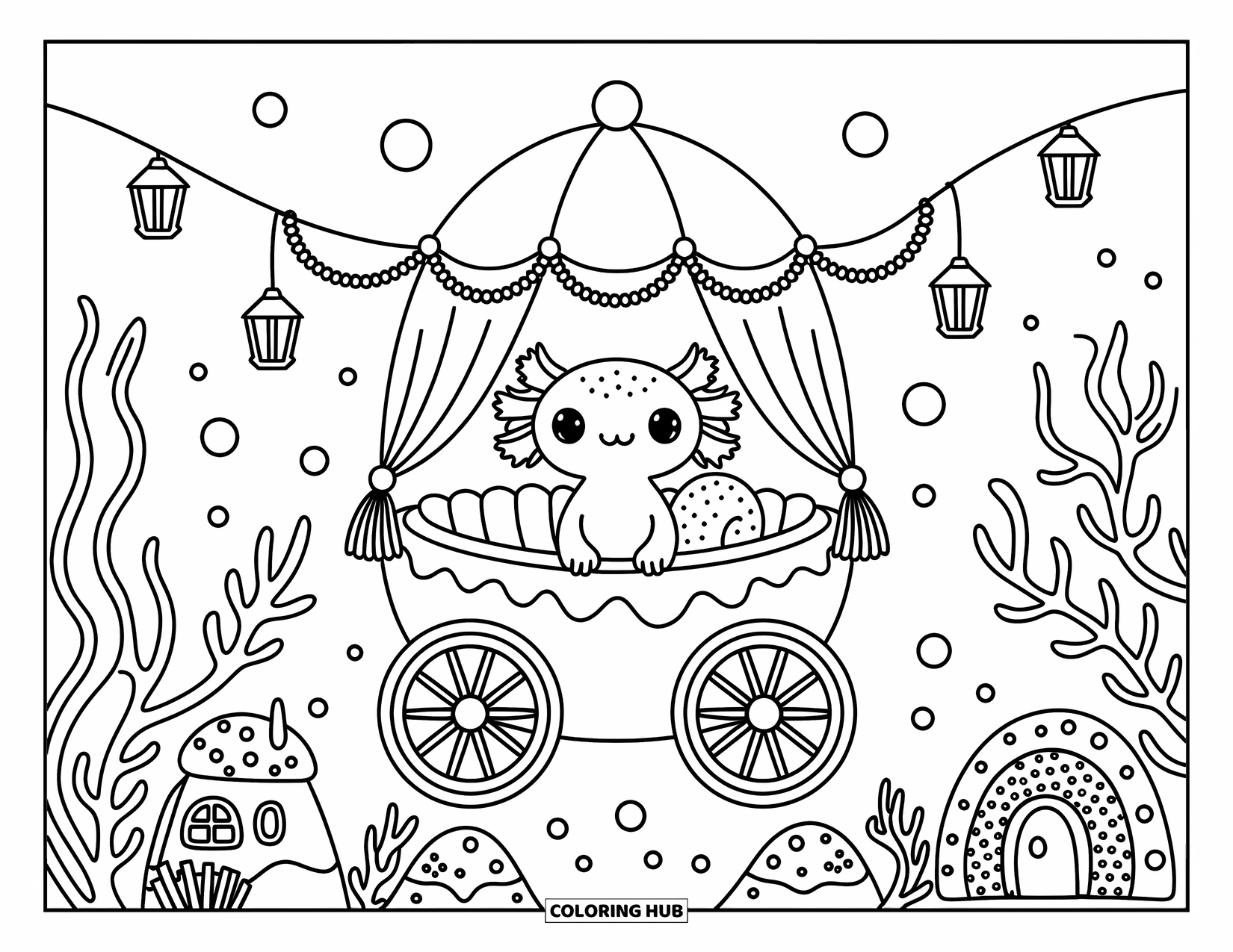 Dibujo de ajolote para colorear para adultos: Un ajolote soñador viaja en un carruaje de medusas pasando por acogedoras plantas marinas y hogares de coral