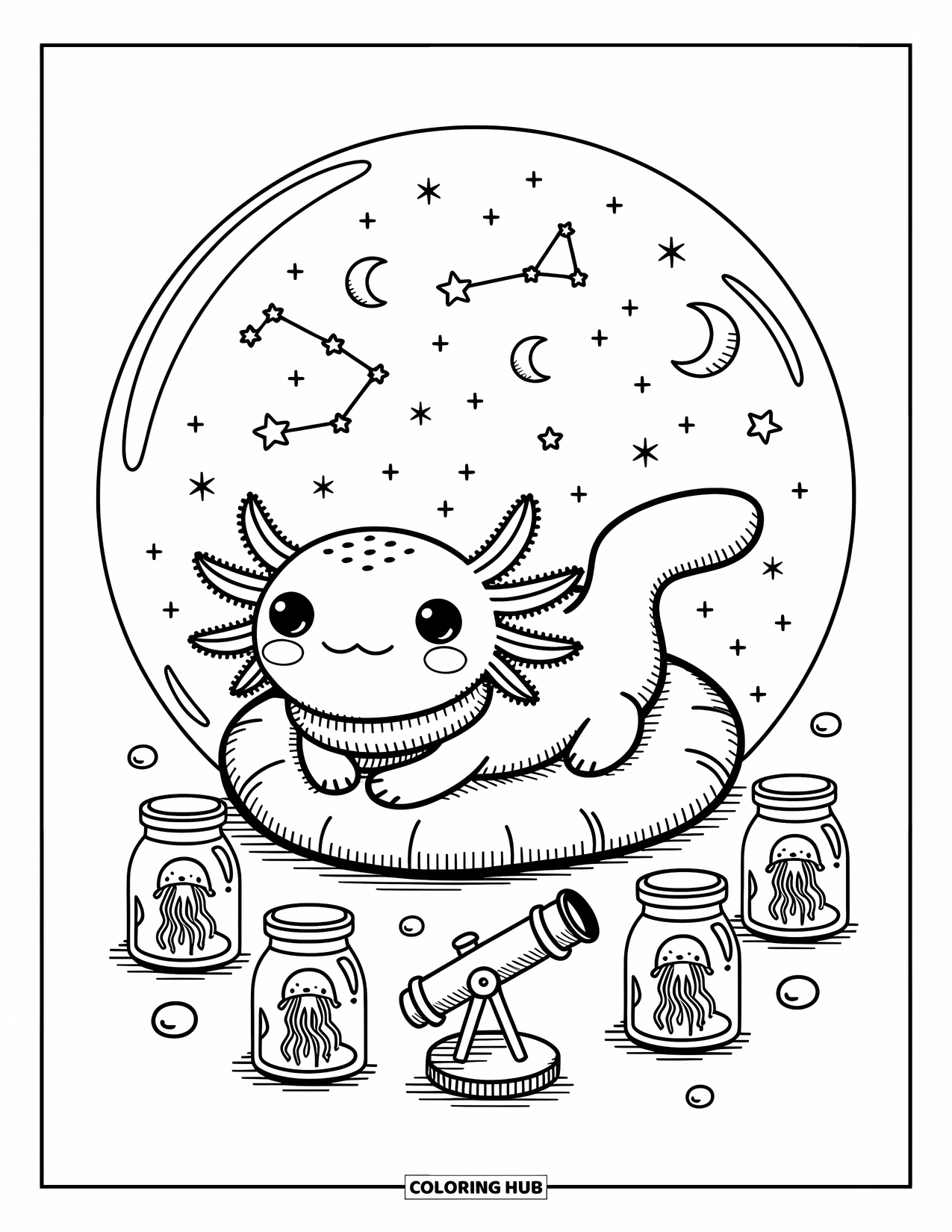 Dibujo de ajolote para colorear para adultos: Un ajolote soñador observa las estrellas desde una acogedora almohada de algas marinas con frascos de medusas cerca