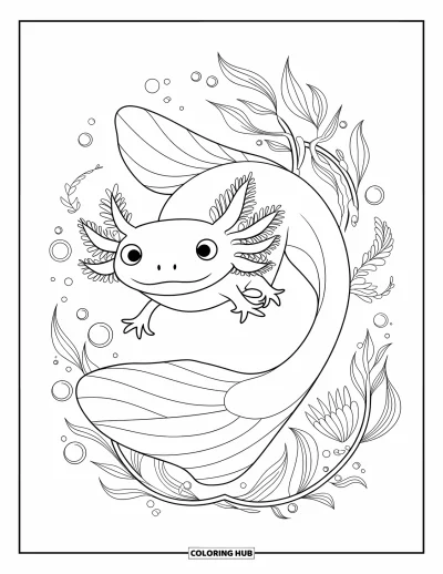 Coloriage d'axolotl pour adultes : Un axolotl gracieux flotte paisiblement parmi des motifs floraux et de petites bulles montantes