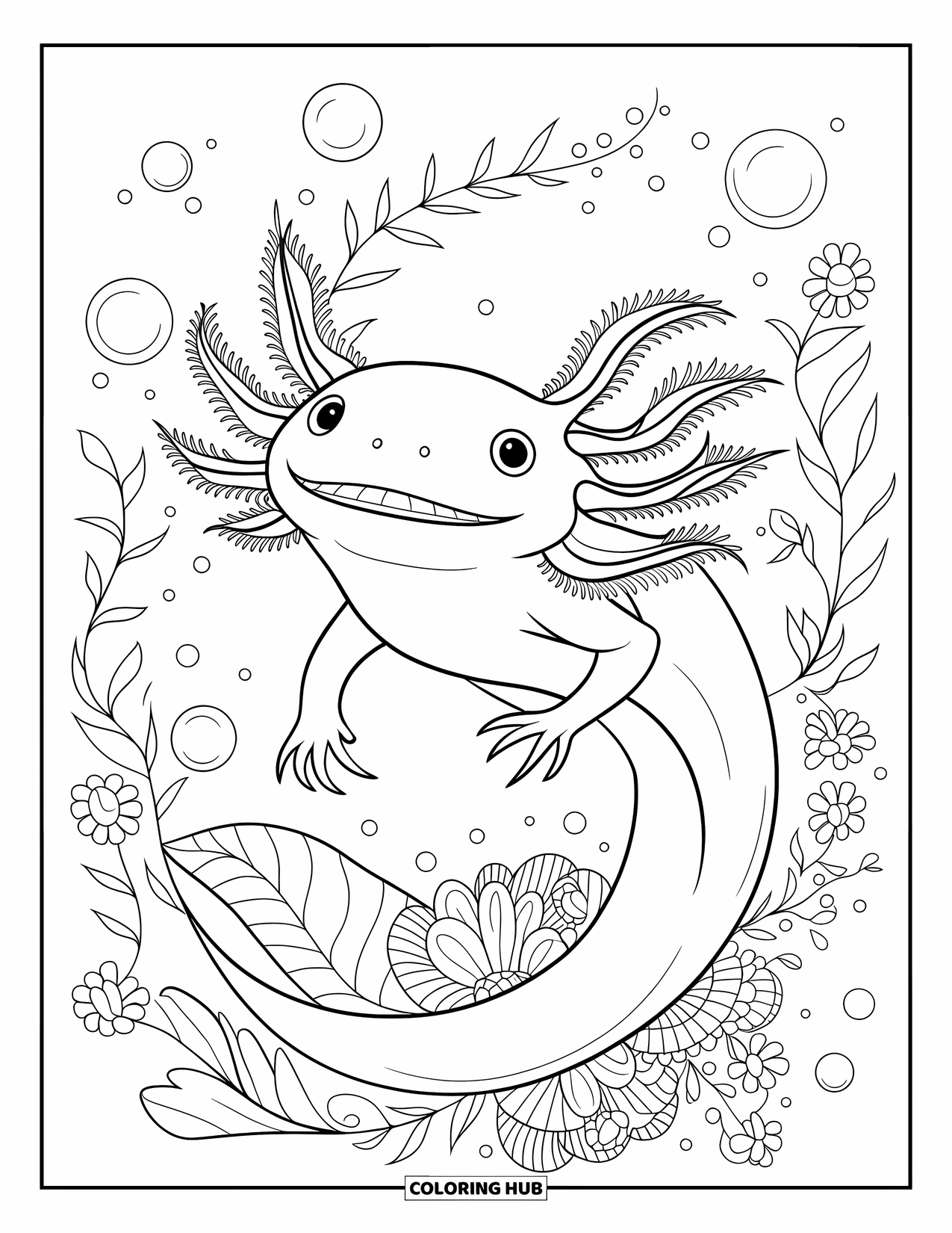 Dibujo de ajolote para colorear para adultos: Un ajolote elegante muestra dientes afilados mientras flota entre flores, hojas y burbujas