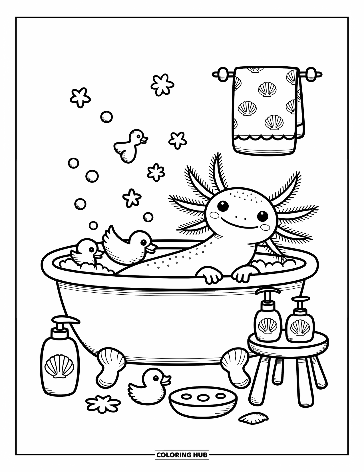 Dibujo de ajolote para colorear para adultos: Un alegre ajolote se baña en una bañera con patitos, burbujas y una pequeña toalla
