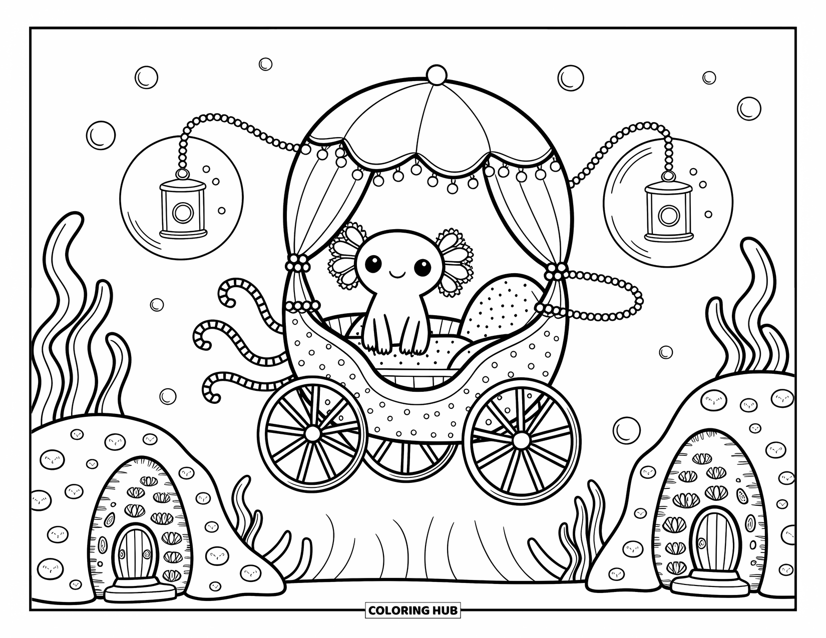 Dibujo de ajolote para colorear para adultos: Un ajolote pacífico disfruta de un paseo en un carruaje de medusas rodeado de vida marina