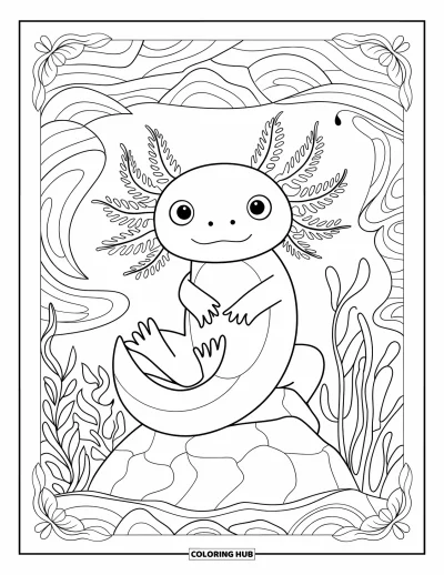 Coloriage d'axolotl pour adultes : Un axolotl paisible aux grands yeux est assis sur un rocher parmi des motifs de vagues fluides