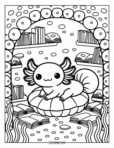 Coloriage d'axolotl pour adultes : Un axolotl détendu se repose dans un coin lecture marin avec des lampes lumineuses et des livres flottants