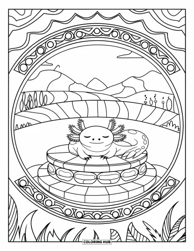 Coloriage d'axolotl pour adultes : Un axolotl endormi est allongé sur un autel dans un champ avec des montagnes et des arbres à proximité