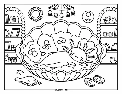 Coloriage d'axolotl pour adultes : Un axolotl somnolent dort dans un lit-coquillage avec des coussins nuageux et une couverture de bulles