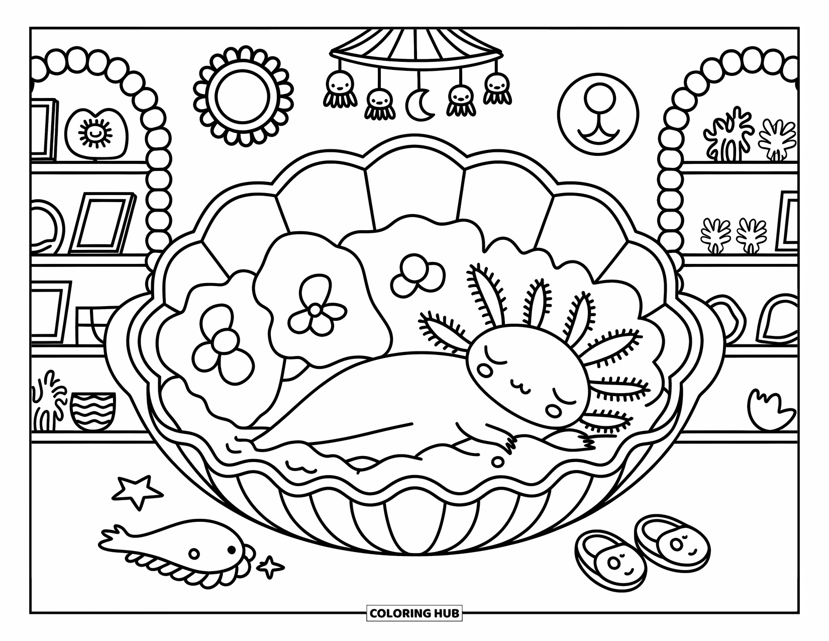 Dibujo de ajolote para colorear para adultos: Un ajolote somnoliento duerme la siesta en una cama de concha con almohadas de nubes y una manta de burbujas