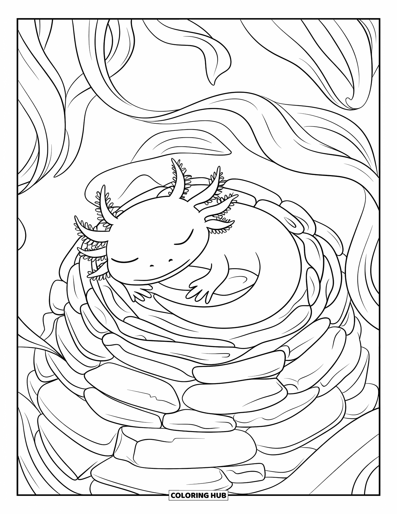 Dibujo de ajolote para colorear para adultos: Un ajolote somnoliento descansa en un nido de roca en espiral con plantas frondosas y fluidas cerca