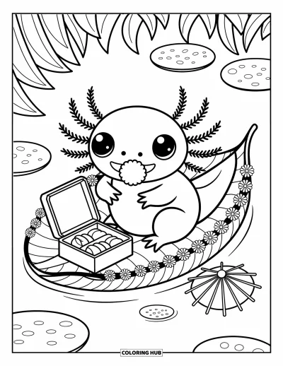 Coloriage d'axolotl pour adultes : Un axolotl adorable mange une boulette de riz lors d'un pique-nique sur un bateau-nénuphar décoré de fleurs