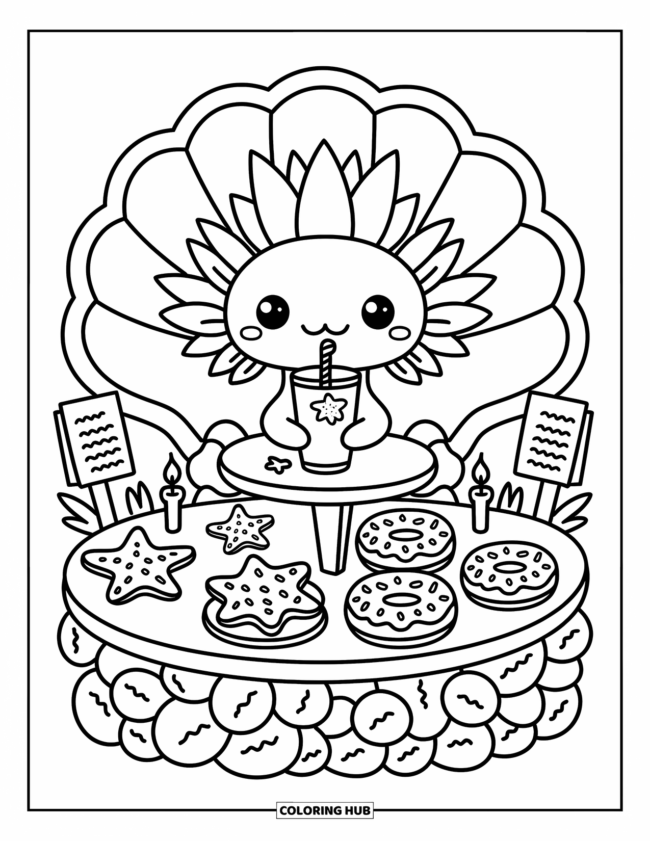 Dibujo de ajolote para colorear para adultos: Un ajolote disfruta de una acogedora mesa de cafÉ con golosinas de algas marinas y pequeñas luces brillantes