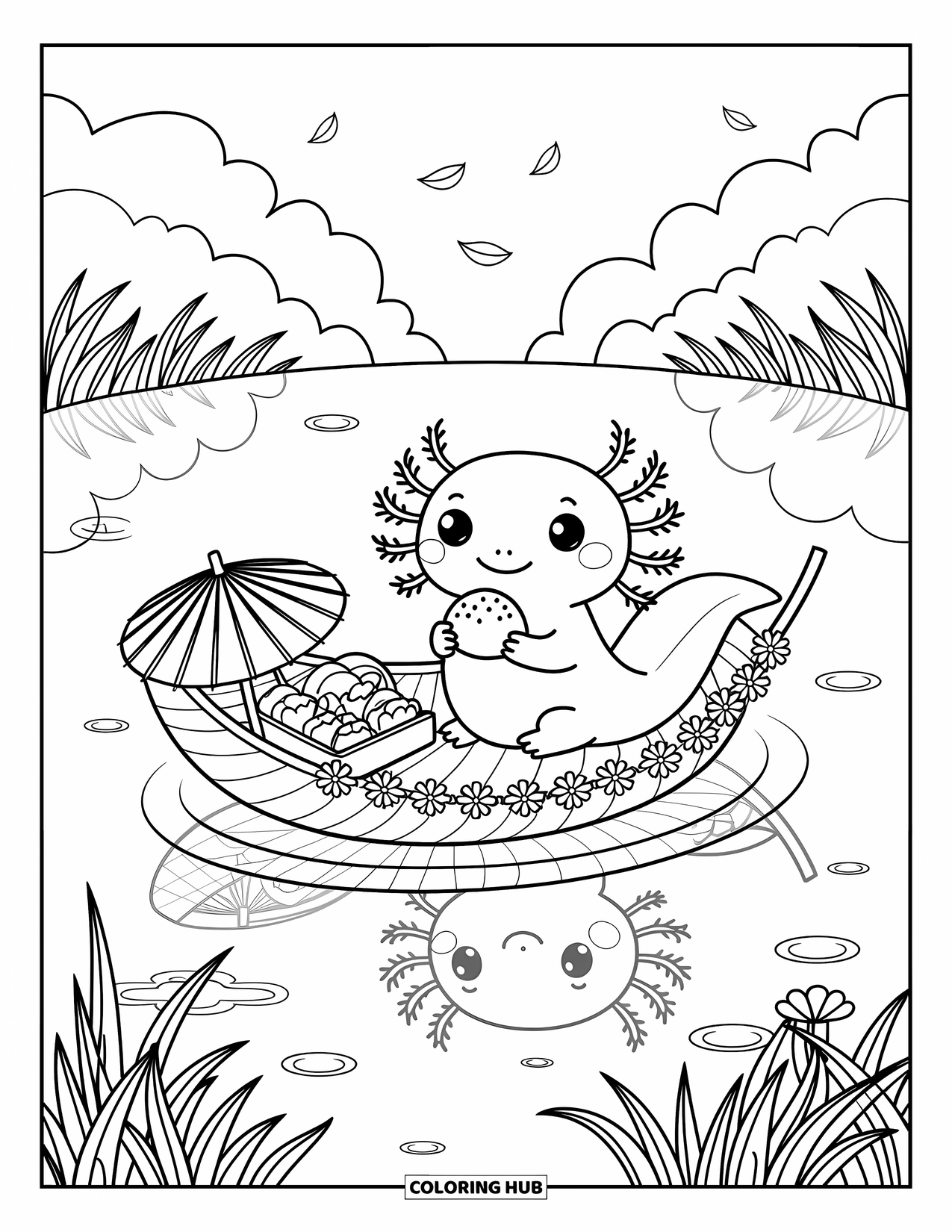 Dibujo de ajolote para colorear para adultos: Un ajolote disfruta de un picnic en una hoja de lirio con flores, comida y pétalos flotantes
