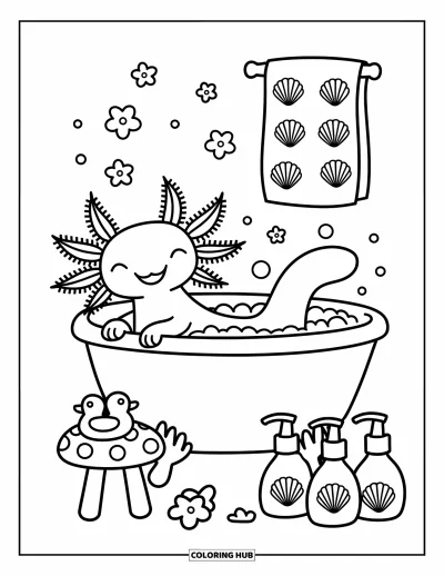 Coloriage d'axolotl pour adultes : Un axolotl profite d'un bain de bulles bien chaud avec des pétales de fleurs et de jolis flacons de bain