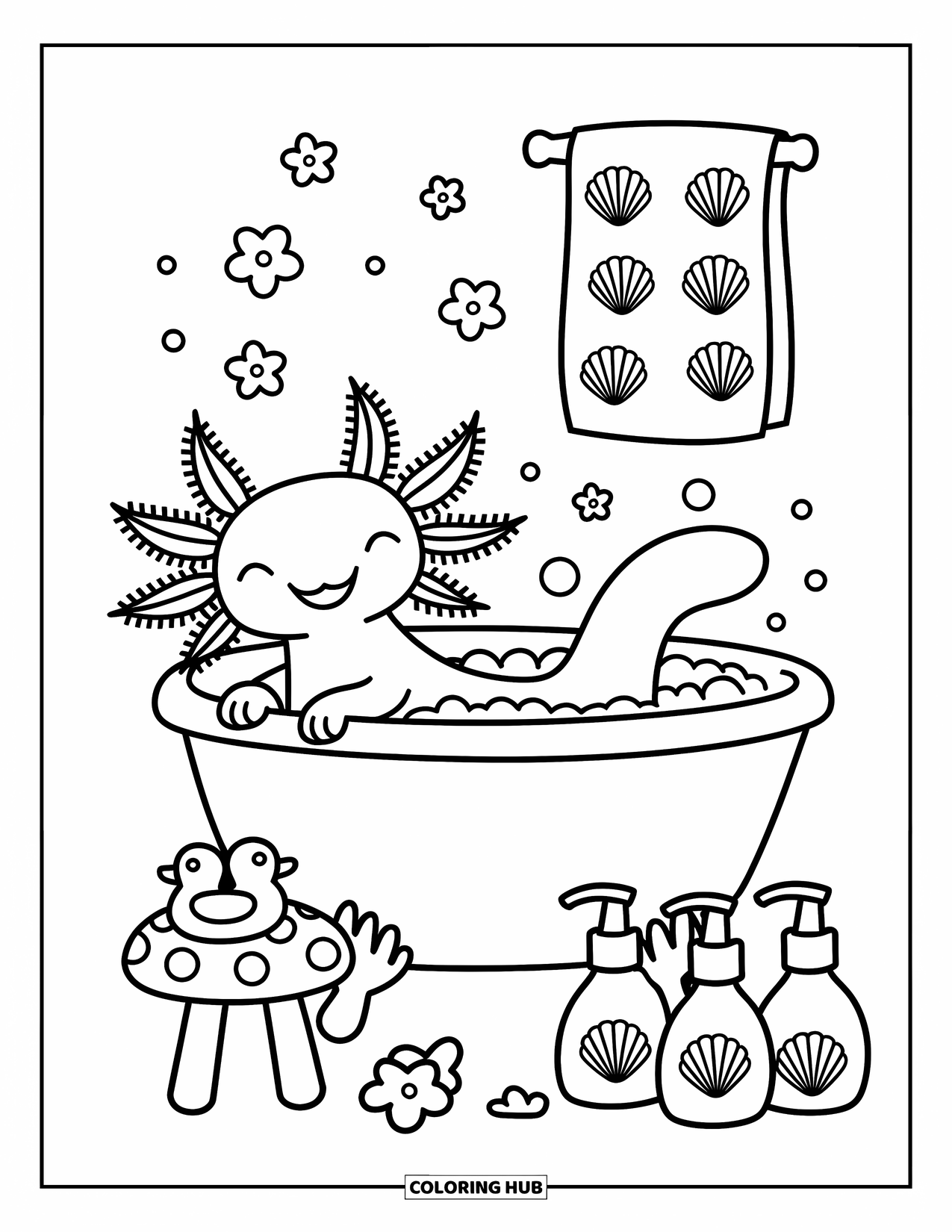 Dibujo de ajolote para colorear para adultos: Un ajolote disfruta de un cálido baño de burbujas con pétalos de flores y lindos frascos de baño