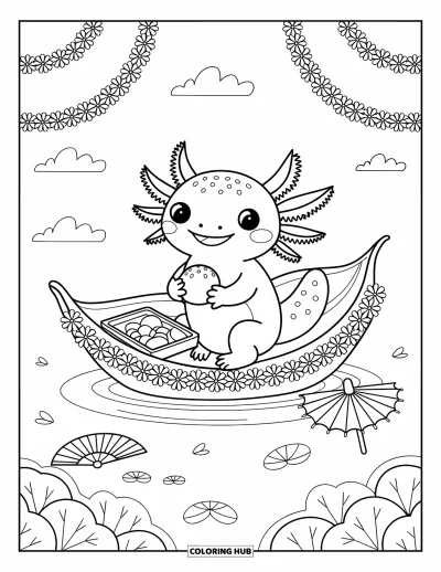 Coloriage d'axolotl pour adultes : Un axolotl flotte sur un bateau-feuille de nénuphar en savourant un pique-nique bento dans l'étang