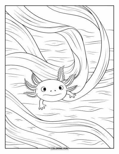 Coloriage d'axolotl pour adultes : Un axolotl tient une tige de varech en flottant dans un labyrinthe océanique paisible