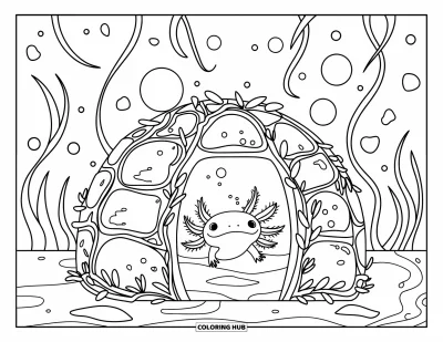 Coloriage d'axolotl pour adultes : Un axolotl dans un dôme onirique flotte parmi des bulles, du verre marin et des lianes ondulantes
