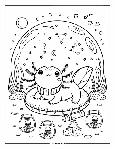 Coloriage d'axolotl pour adultes : Un axolotl observe des constellations à travers un dôme magique, allongé sur du varech moelleux