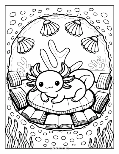 Coloriage d'axolotl pour adultes : Un axolotl lit dans un mini coin lecture sous-marin rempli de corail et d'algues
