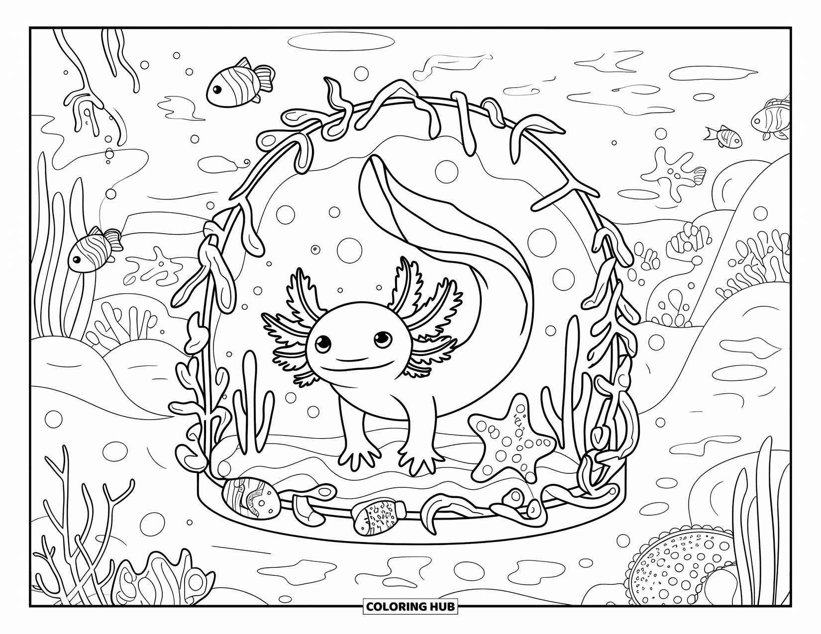 Dibujo de ajolote para colorear para adultos: Un ajolote se relaja dentro de una cúpula de vidrio marino rodeado de coral, peces y estrellas de mar
