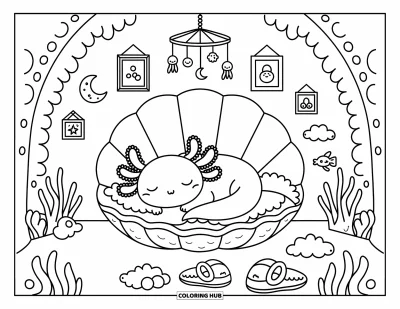 Coloriage d'axolotl pour adultes : Un axolotl se repose dans un lit-coquillage sous un mobile de lunes et de méduses