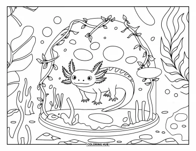 Coloriage d'axolotl pour adultes : Un axolotl se repose dans un dôme en verre marin rempli de plantes et de rochers sous-marins
