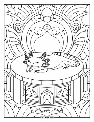 Coloriage d'axolotl pour adultes : Un axolotl se repose paisiblement sur un autel entouré d'éléments décoratifs apaisants
