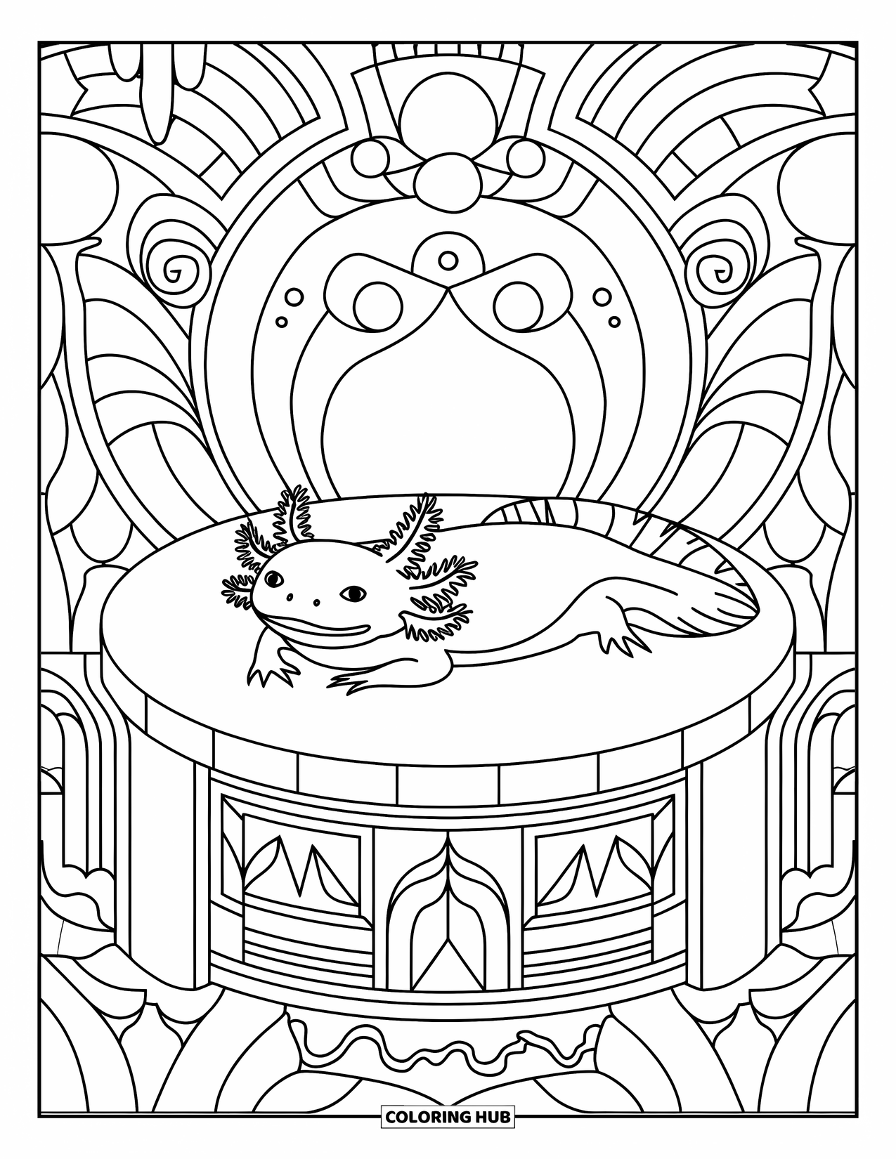 Dibujo de ajolote para colorear para adultos: Un ajolote descansa pacíficamente sobre un altar rodeado de elementos decorativos relajantes